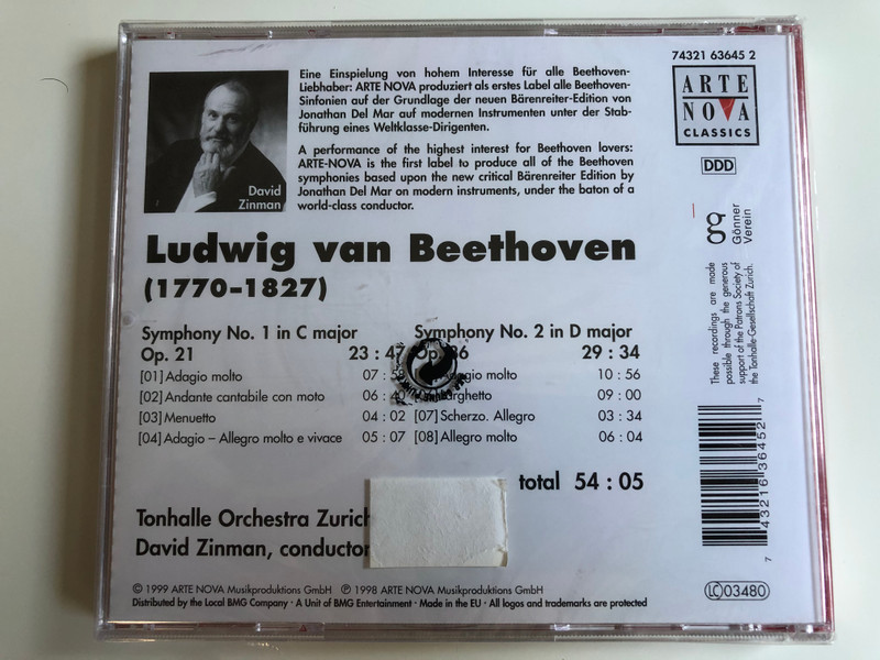 Tonhalle Orchester Zurich, David Zinman - conductor / Ludwig van Beethoven -  ‎– Symphony No. 1, Symphony No. 2 / World Premiere Recording on Modern Instruments according to New Barenreiter Edition / Arte Nova Classics ‎Audio CD 1999 / 74321 63645 2