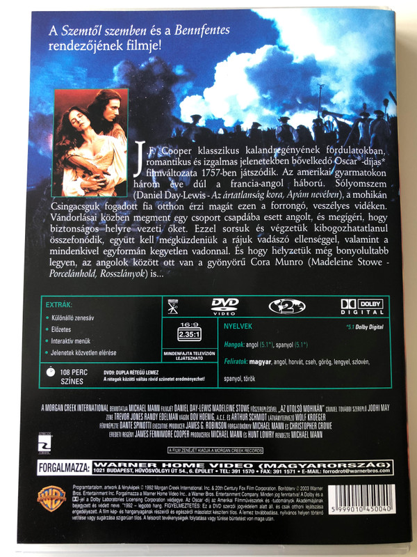 The last of the Mohicans - Az utolsó Mohikán DVD 1992 / Directed by Michael Mann / Starring: Daniel Day-Lewis, Madeline Stowe, Johdi May (5999010450040)