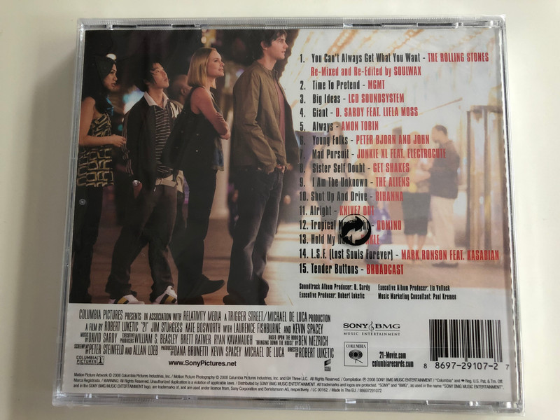 21 (Music From The Motion Picture) / Features The Rolling Stones (Soulwax Remix) ''You Can't Always Get What You Want'', MGMT ''Time To Pretend'', LCD Soundsystem ''Big Ideas'' and more!!! / Columbia ‎Audio CD 2008 / 88697291072
