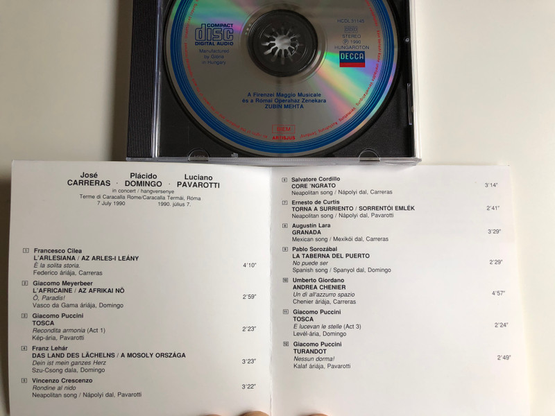 Carreras, Domingo, Pavarotti, Mehta ‎– In Concert / Hungaroton Audio CD 1990 Stereo / HCDL 31145