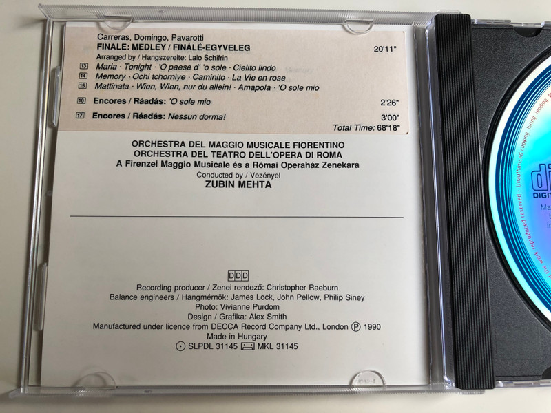 Carreras, Domingo, Pavarotti, Mehta ‎– In Concert / Hungaroton Audio CD 1990 Stereo / HCDL 31145