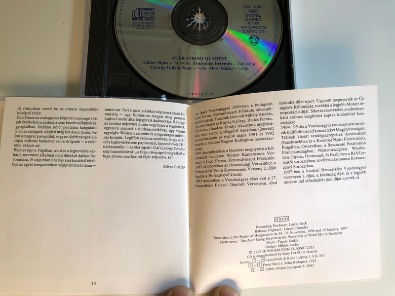Leó Weiner – String Quartets Opp. 4, 13, 26 (Complete) / Auer String Quartet / Hungaroton Classic ‎Audio CD 1997 Stereo / HCD 31687