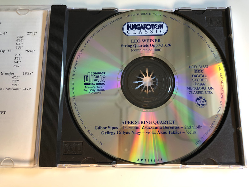 Leó Weiner – String Quartets Opp. 4, 13, 26 (Complete) / Auer String Quartet / Hungaroton Classic ‎Audio CD 1997 Stereo / HCD 31687