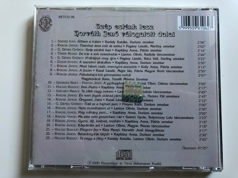 Szép Esténk Lesz - Horváth Jenő Válogatott Dalai / Rózsavölgyi És Társa Audio CD 2000 Mono / RÉTCD 06