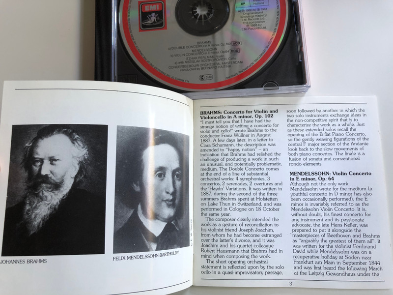 Brahms – Double Concerto = Doppelkonzert / Mendelssohn - Violin Concerto = Violinkonzert = Concerto Pour Violon / Itzhak Perlman, Mstislav Rostropovich, Concertgebouw Orchestra, Bernard Haitink / EMI ‎Audio CD 1988 Stereo / CDC 7 49486 2