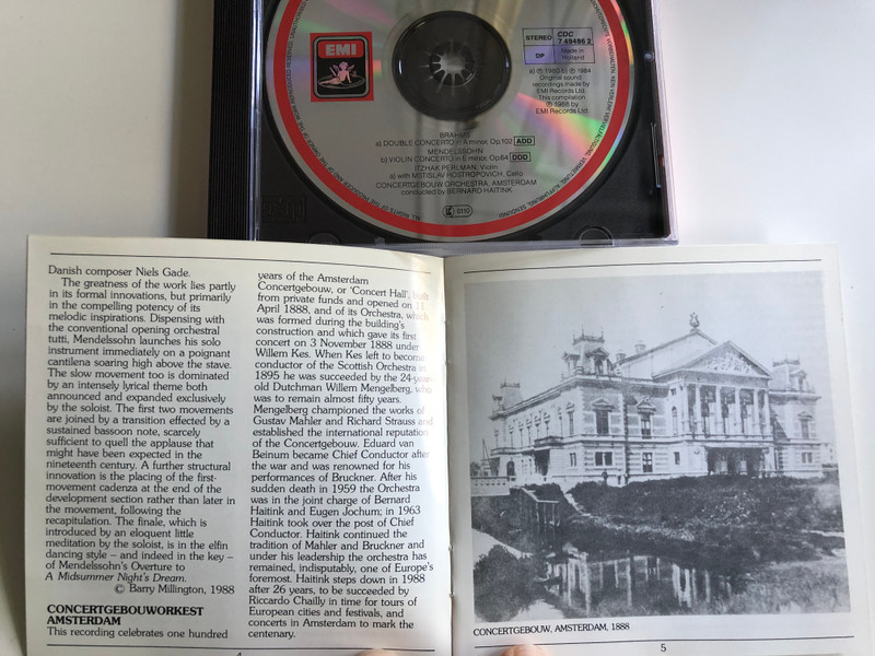 Brahms – Double Concerto = Doppelkonzert / Mendelssohn - Violin Concerto = Violinkonzert = Concerto Pour Violon / Itzhak Perlman, Mstislav Rostropovich, Concertgebouw Orchestra, Bernard Haitink / EMI ‎Audio CD 1988 Stereo / CDC 7 49486 2