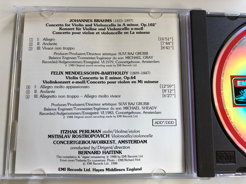 Brahms – Double Concerto = Doppelkonzert / Mendelssohn - Violin Concerto = Violinkonzert = Concerto Pour Violon / Itzhak Perlman, Mstislav Rostropovich, Concertgebouw Orchestra, Bernard Haitink / EMI ‎Audio CD 1988 Stereo / CDC 7 49486 2