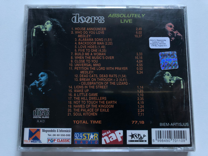 The Doors ‎– Absolutely Live / Total Time: 77,18 / Pop Classic / Euroton ‎Audio CD / EUCD-0110