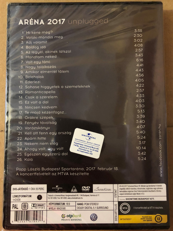 Zorán - Aréna 2017 unplugged DVD 2017 Pap László Budapest Sportaréna / Valaki mondja meg, Mondtam neked, Belehalok, Sohase higgyetek a szemeteknek, Apám hitte (602557879476)
