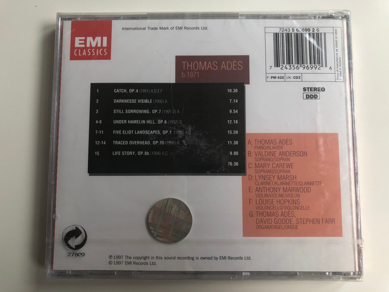 Thomas Adès ‎– ''Life Story'' / Catch, Darkness Visible, Still Sorrowing, Underneath Hamelin Hill, Five Eliot Landscapes, Traced Overhead, Life Story / EMI Classics Debut / EMI Classics ‎Audio CD 1997 Stereo / 724356969926