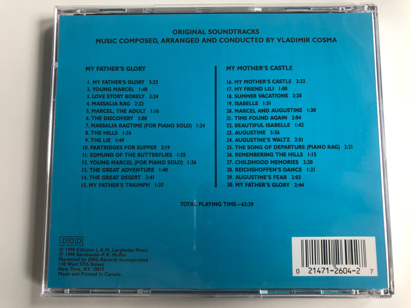 Marcel Pagnol's - My Father's Glory, My Mother's Castle - A Film By Yves Robert / Original Soundtracks / Music Composed, Arranged And Conducted by Vladimir Cosma (Composed of ''Diva'') / DRG Records ‎Audio CD 1990 / 12604