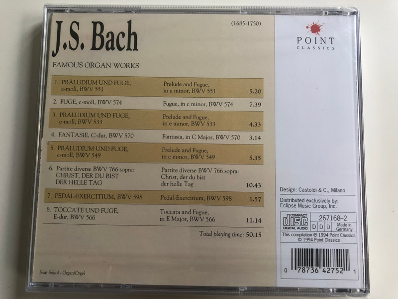 Bach ‎– Famous Organ Works / Ivan Sokol - Organ / Point Classics ‎Audio CD 1994 / 267168-2