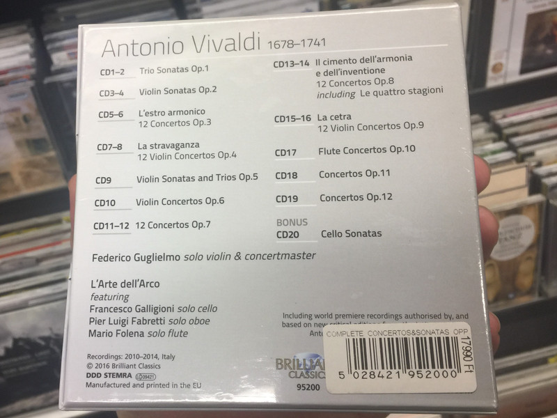 Vivaldi - Complete Concertos & Sonatas Opp. 1 - 12, Le Quattro Stagioni, L'Estro Armonico, La Stravaganza, La Cetra / Federico Guglielmo, L'Arte dell'Arco / Brilliant Classics 20x Audio CD, Box Set 2016 / 95200