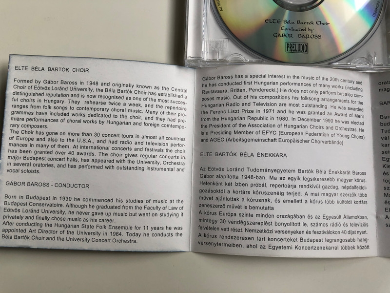 Érzések = Feelings / ELTE Béla Bartók Choir, Conducted by Gábor Baross / Preludio Művészeti Ügynökség Audio CD / PRECD 9414