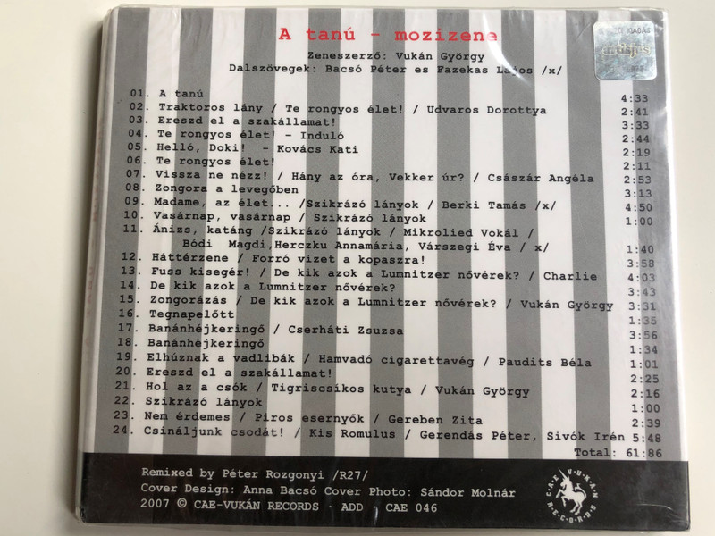 A tanú - Mozizene / Vukán György zenéje Bacsó Péter filmjeihez / The Witness - Hungarian films Soundtrack / Cae-Vukán Records Audio CD 2007 / CAE 046 (ATanúMozizeneCD)