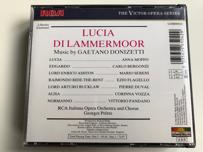 Donizetti - Lucia Di Lammermoor / Moffo, Bergonzi, Sereni, Flagello, RCA Italiana Opera Orchestra And Chorus, Prêtre / The RCA Victor Opera Series / RCA ‎2x Audio CD / GD86504(2)