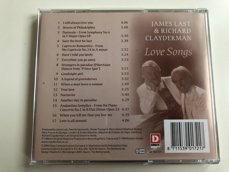 James Last & Richard Clayderman ‎– Love Songs / When A Man Loves A Woman, Another Day In Paradise, A Legend Of Greensleeves, Have I Told You Lately, I Will Always Love You, True Love / Disky ‎Audio CD 2004 / DC 901721