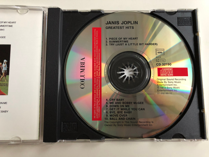  Janis Joplin's Greatest Hits / Me And Bobby McGee, Down On Me, Piece Of My Heart, Try (Just A Little Bit Harder), Bye, Bye Baby / CBS Audio CD /  CD 32190