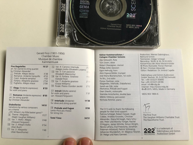 Gerald Finzi - Chamber Music / Kolner Kammersolisten - Cologne Chamber Soloists / Five Bagatelles, Interlude, Introit, Romance, Elegy, Prelude and Fugue / Diabelleries, Variations By Various Composers / MDG Audio CD 2015 / MDG 903 1894-6