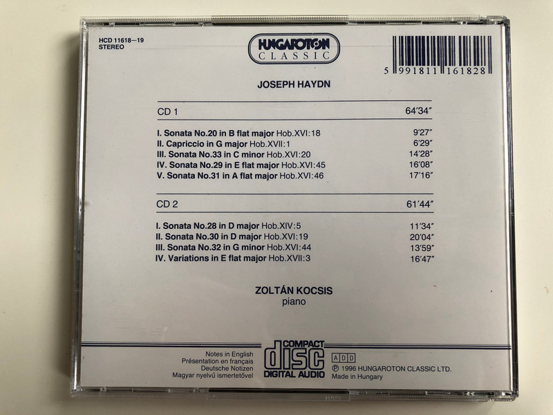 Haydn - Sonatas Nos. 20,28,29,30,31,32,33; Capriccio in G major; Variations in E flat major / Zoltán Kocsis ‎- piano / Hungaroton Classic ‎2x Audio CD 1996 Stereo / HCD 11618-19 (5991811161828)