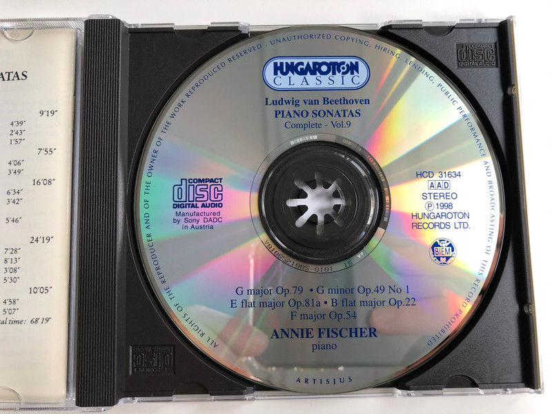 Annie Fischer - Ludwig van Beethoven ‎– Piano Sonatas Complete Vol. 9: G Major Op. 79, G Minor Op. 49/1, E Flat Major Op. 81a, B Flat Major Op. 22, F Major Op. 54 / Hungaroton Classic ‎Audio CD 1998 Stereo / HCD 31634
