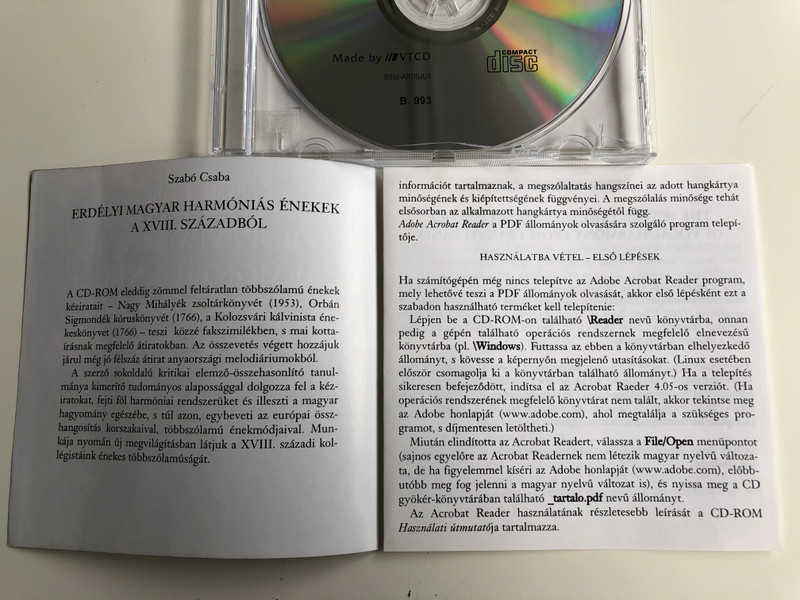 Szabó Csaba ‎– Erdélyi Magyar Harmóniás Énekek A XVIII. Századból / Balassi Kiadó Audio CD 2001 / B. 993