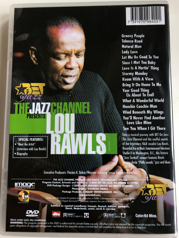 The Jazz Channel presents Lou Rawls DVD 2000 / Bet on Jazz / Producers Paxton K. Baker, Waymer Johnson / Groovy People, Lady Love, Stormy Monday, See you when I Git there (7391970964021)