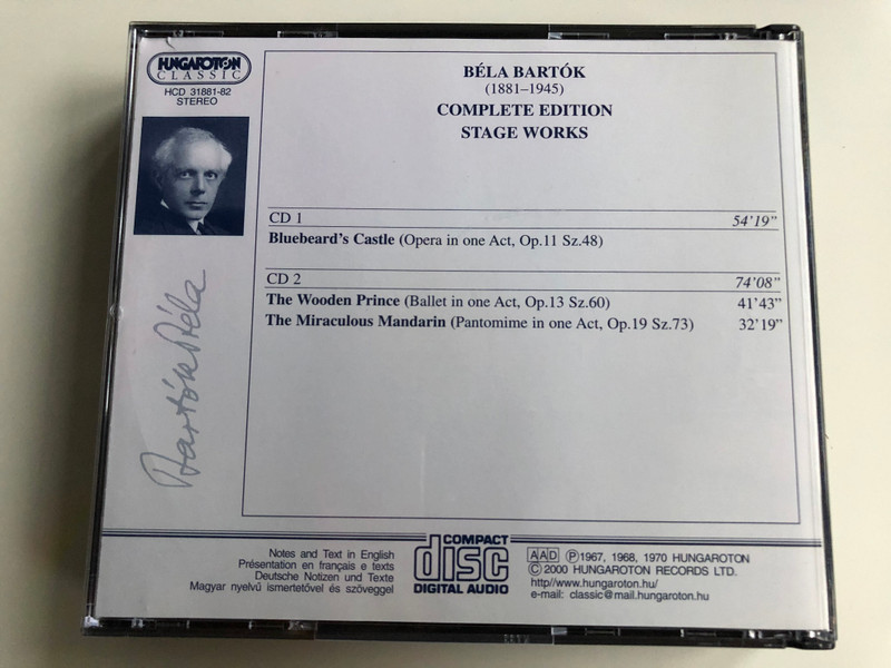 Bartok Complete Edition / Stage Works / Bluebeard's Castle - opera, The Wooden Prince - ballet, The Miraculous Mandarin - pantomime / Hungaroton Classic 2x Audio CD 2000 Stereo / HCD 31881-82