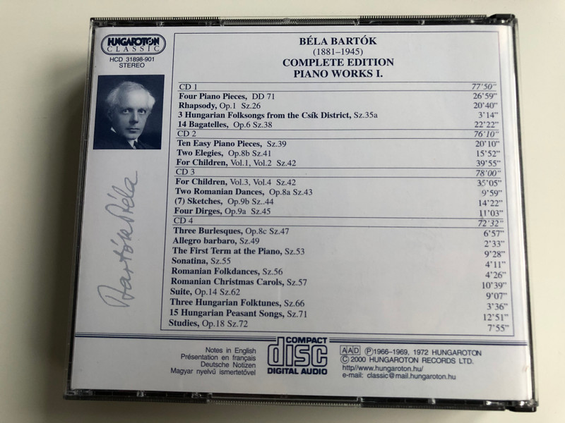 Bartok Complete Edition / Piano Works I. / Four Piano Pieces, Rhapsody, 3 Hungarian Folksongs from the Csik District, 14 Bagatelles, Ten Easy Piano Pieces, Two Elegies, For Children / Hungarian Classic 4x Audio CD 2000 Stereo / HCD 31898-901