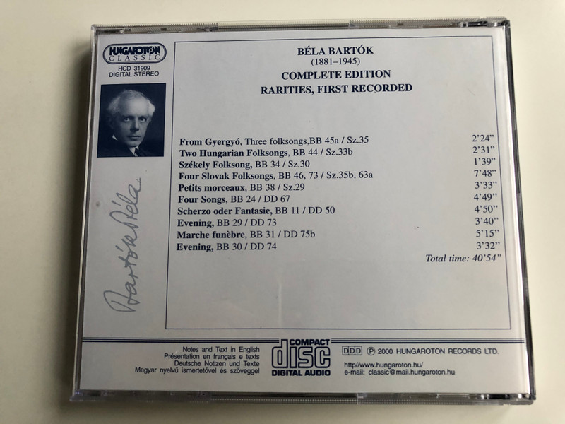 Bartok Complete Edition / Rapities / From Gyergyo, Two Hungarian Folksongs, Szeleky Folksong, Four Slovak Folksongs, Petits morceaux, Four Songs, Scherzo oder Fantasie / Hungaroton Classic Audio CD 2000 Stereo / HCD 31909