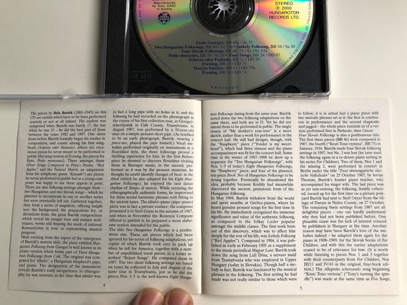Bartok Complete Edition / Rapities / From Gyergyo, Two Hungarian Folksongs, Szeleky Folksong, Four Slovak Folksongs, Petits morceaux, Four Songs, Scherzo oder Fantasie / Hungaroton Classic Audio CD 2000 Stereo / HCD 31909