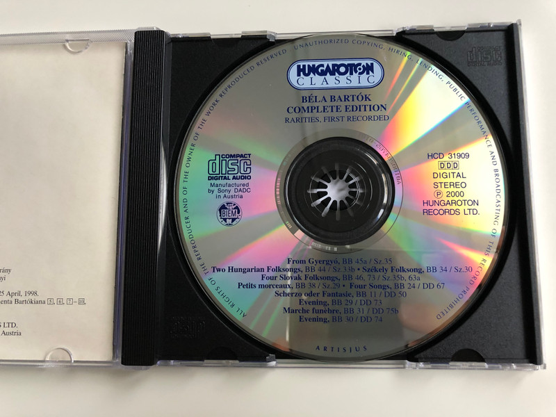 Bartok Complete Edition / Rapities / From Gyergyo, Two Hungarian Folksongs, Szeleky Folksong, Four Slovak Folksongs, Petits morceaux, Four Songs, Scherzo oder Fantasie / Hungaroton Classic Audio CD 2000 Stereo / HCD 31909