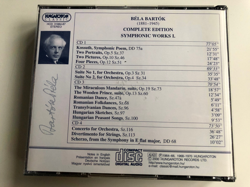Bartok Complete Edition / Symphonic Works I. / Kossuth, Symphonic Poem, Two Portraits, Two Picture, Four Pieces, Suites Nos. 1, 2 for Orchestra, The Miraculous Mandarin, suite / Hungaroton Classic 4x Audio CD 2000 Stereo / HCD 31884-87