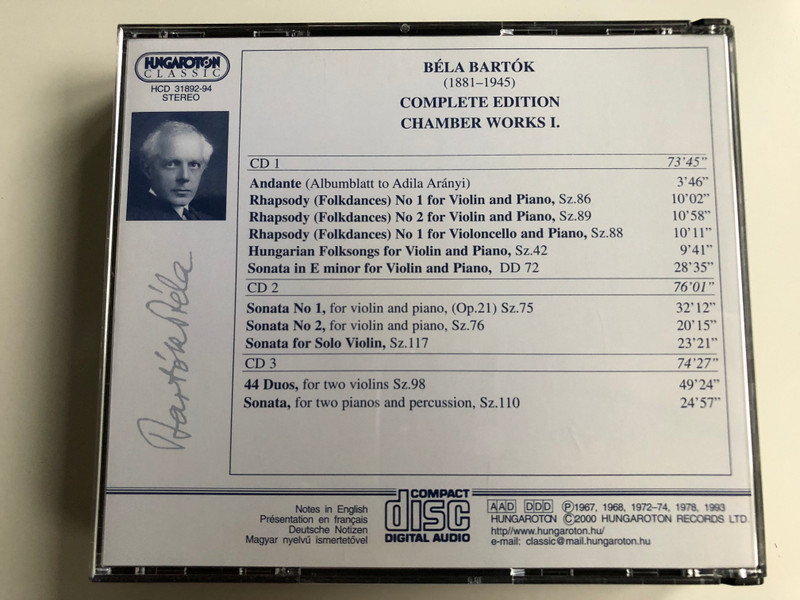 Bartok Complete Edition / Chamber Works I. / Andante, Rhapsodies (Folkdances) Nos 1,2 for Violoncello and Piano, Hungarian Folksongs for Violin and Piano / Hungaroton Classic 3x Audio CD 2000 Stereo / HCD 31892-94