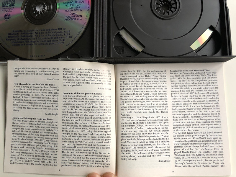 Bartok Complete Edition / Chamber Works I. / Andante, Rhapsodies (Folkdances) Nos 1,2 for Violoncello and Piano, Hungarian Folksongs for Violin and Piano / Hungaroton Classic 3x Audio CD 2000 Stereo / HCD 31892-94