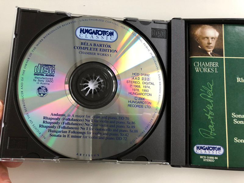 Bartok Complete Edition / Chamber Works I. / Andante, Rhapsodies (Folkdances) Nos 1,2 for Violoncello and Piano, Hungarian Folksongs for Violin and Piano / Hungaroton Classic 3x Audio CD 2000 Stereo / HCD 31892-94