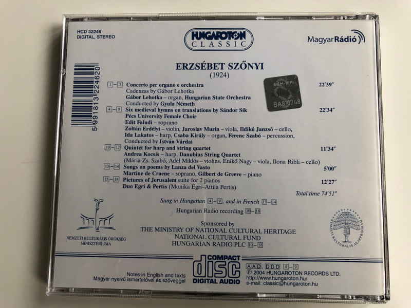 Erzsébet Szőnyi - Concerto per organo e orchestra, Six medieval hymns on translations by Sandor Sik, Quintet for harp and string quartet, Songs on poems by Lanza del Vasto / Hungaroton Classic Audio CD 2004 Stereo / HCD 32246