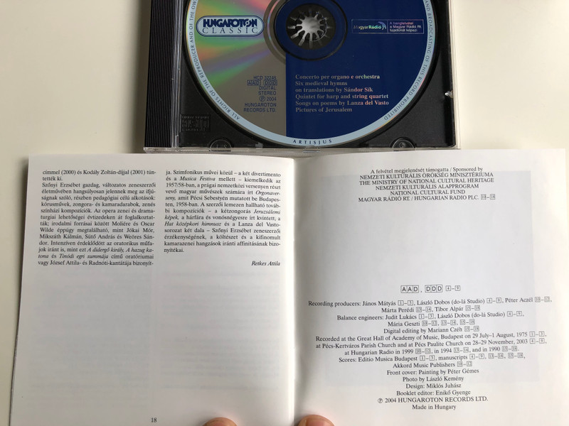 Erzsébet Szőnyi - Concerto per organo e orchestra, Six medieval hymns on translations by Sandor Sik, Quintet for harp and string quartet, Songs on poems by Lanza del Vasto / Hungaroton Classic Audio CD 2004 Stereo / HCD 32246