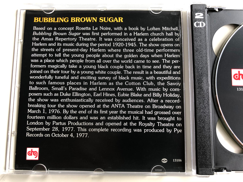 Bubbling Brown Sugar / Jack Levin presents Billy Daniels in Bubbling Brown Sugar, The Original London Cast Recording, also starring Lon Satton, Elaine Delmar & introducing Helen Gelzer / DRG Records ‎2x Audio CD / 13106
