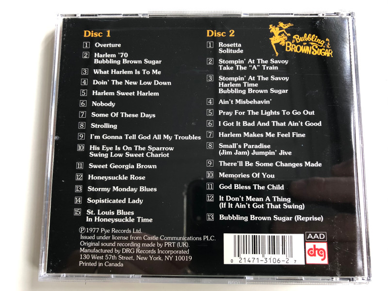 Bubbling Brown Sugar / Jack Levin presents Billy Daniels in Bubbling Brown Sugar, The Original London Cast Recording, also starring Lon Satton, Elaine Delmar & introducing Helen Gelzer / DRG Records ‎2x Audio CD / 13106