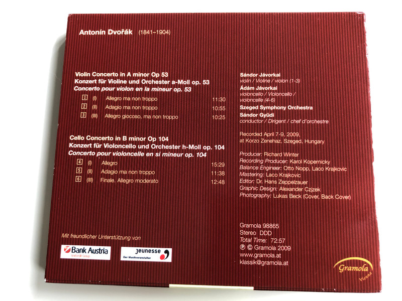 Antonin Dvorak - Violinkonzert, Cellokonzert / Sandor Javorkai, Adam Javorkai / Szeged Symphony Orchestra Sandor Gyudi / Gramola Audio CD 2009 / 98865