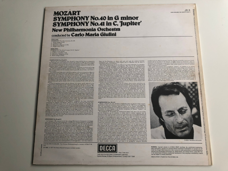 Mozart – Symphony No. 40 In G Minor, Symphony No. 41 In C, "Jupiter" / New Philharmonia Orchestra, Carlo Maria Giulini / Decca Jubilee Series / Decca ‎LP 1977 Stereo / JB 8