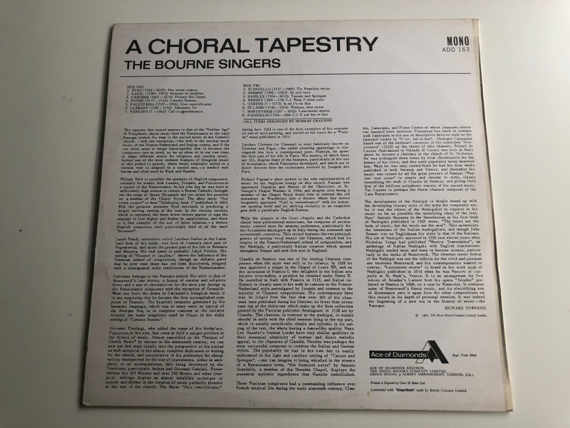 A Choral Tapestry - The Bourne Singers / Ace Of Diamonds LP 1967 Mono / ADD 163