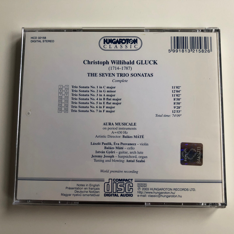 Gluck - The Seven Trio Sonatas / Aura Musicale on period instruments / Artistic director: Balazs Mate / Hungaroton Classic Audio CD 2003 Stereo / HCD 32158
