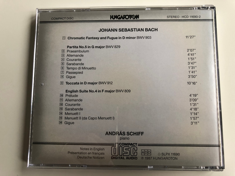 J. S. Bach - Chromatic Fantasy and Fugue, Partita in G major, Toccata in D major, English Suite in F major / András Schiff - piano / Hungaroton Audio CD 1987 Stereo / HCD 11690-2
