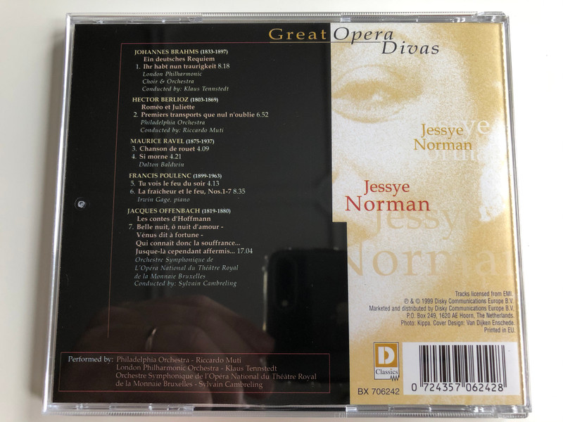 Great Opera Divas CD 1 / Jessye Norman / Offenbach, Poulenc, Brahms, Berlioz, Ravel / Disky Classics ‎Audio CD 1999 / BX 706242