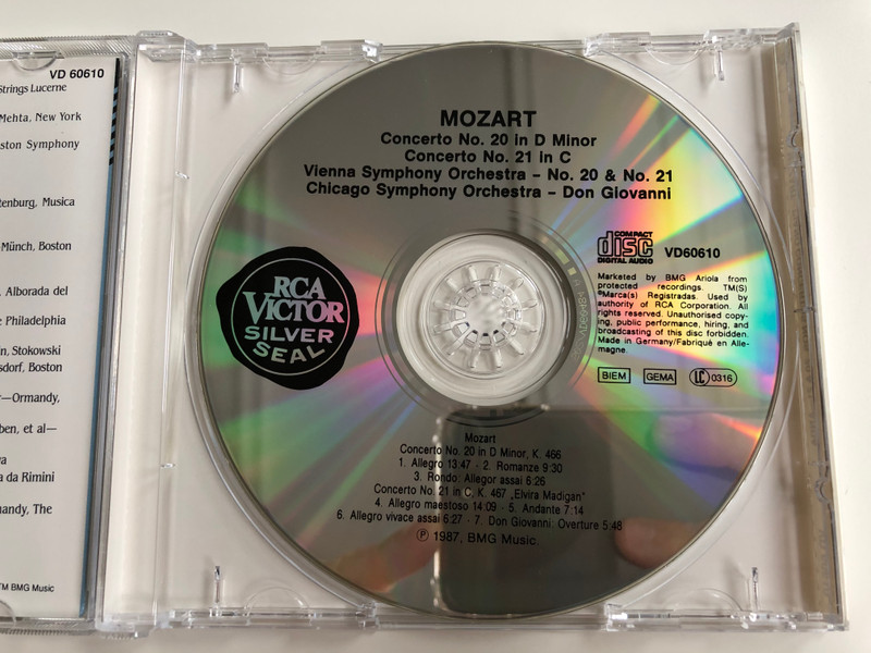 Mozart - Klavierkonzerte Nr. 20, Nr. 21 ''Ekvira Madigan'' / Wiener Symphoniker, Geza Anda / BMG Music Audio CD 1987 / VD 60610