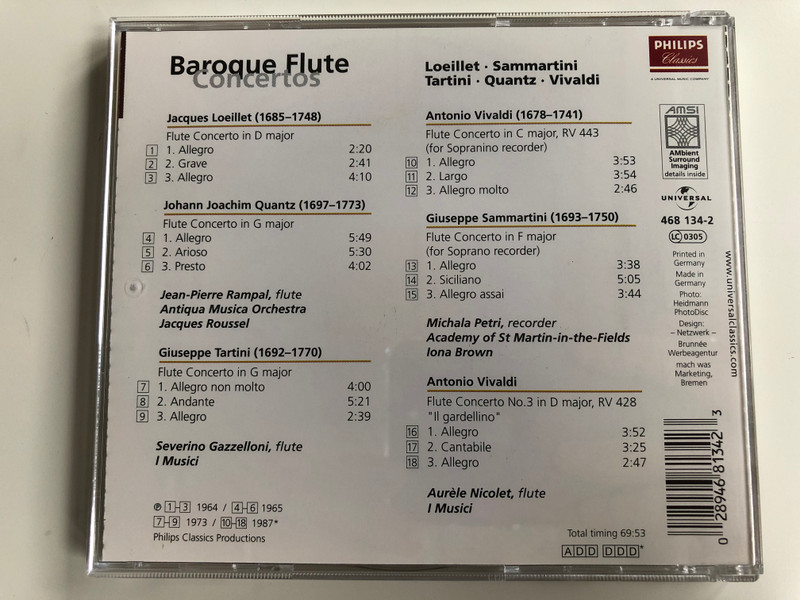 Baroque Flute Concertos - Loeillet, Sammartini, Tartini, Quantz, Vivaldi / Rampal, Gazzelloni, Petri, Nicolet, Academy Of St. Martin-in-the-Fields, I Musici / Universal ‎Audio CD / 468 134-2