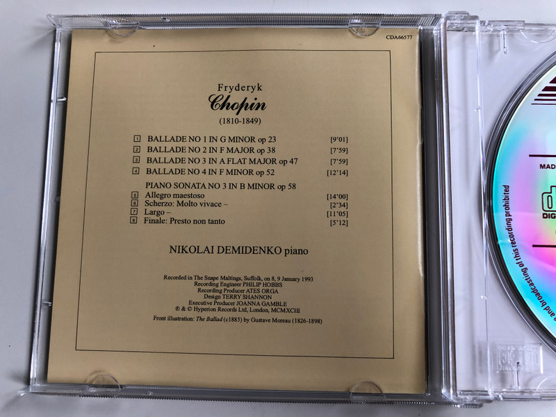 Chopin – Ballades, Third Sonata - Nikolai Demidenko ‎/ Hyperion ‎Audio CD 1993 Stereo / CDA66577