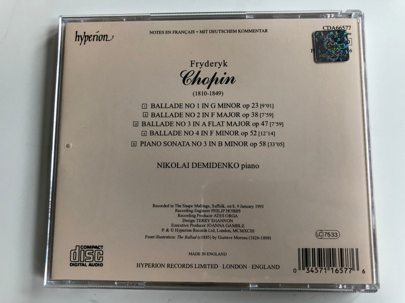 Chopin – Ballades, Third Sonata - Nikolai Demidenko ‎/ Hyperion ‎Audio CD 1993 Stereo / CDA66577